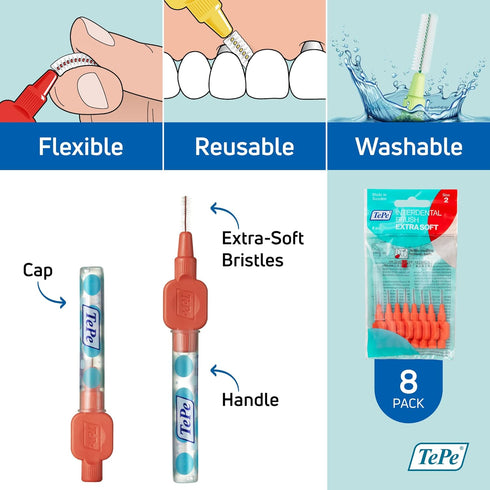 TEPE Interdental Brush Extra Soft, Supersoft Dental Brush for Teeth Cleaning, Pack of 8, 0.5 mm, Red
