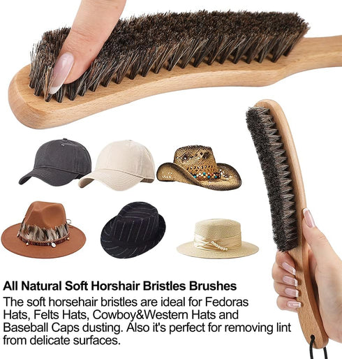 Hat Brush - Horsehair Felt Brush for Western Cowboy Hat, Fedora, Baseball Cap, Beech Handle, Removes Dust & Cat Hair
