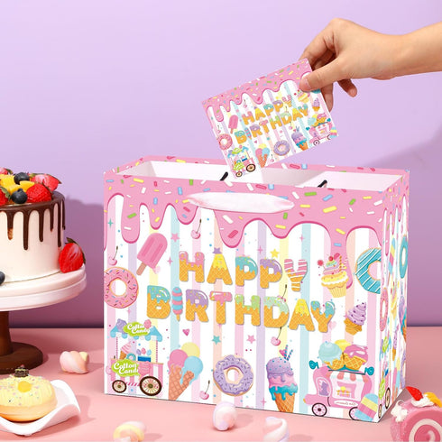 Summer Ice Cream Birthday Gift Bag with Tissue Paper and Greeting Card,White Pink Happy Birthday Wrapping Paper Goodie