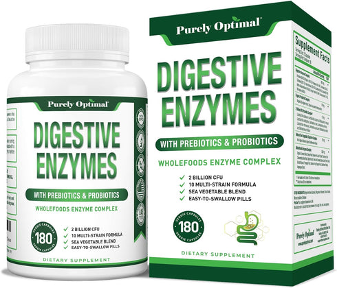 Purely Optimal Digestive Enzyme Supplement, Comprehensive Gut Health Support with 12 Enzymes, 180 Capsules
