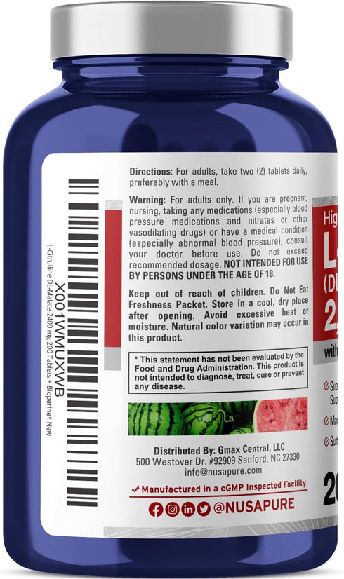 NusaPure L-Citrulline 2,400mg 200 Vegetarian Tablets (Non-GMO, Gluten Free, 100-Day Supply, Bioperine)