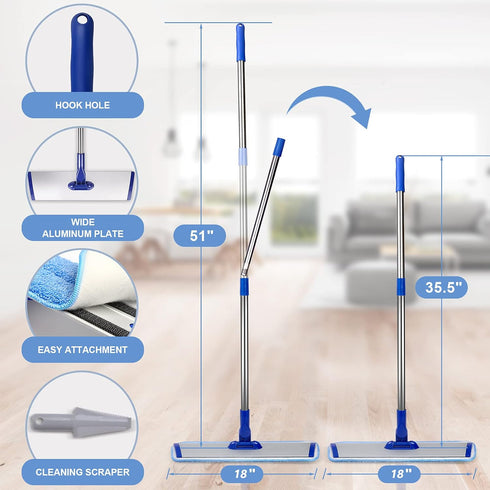 18" Professional Microfiber Mop Floor Cleaning System, Flat Mop with Stainless Steel Handle, 4 Washable Mop Pads
