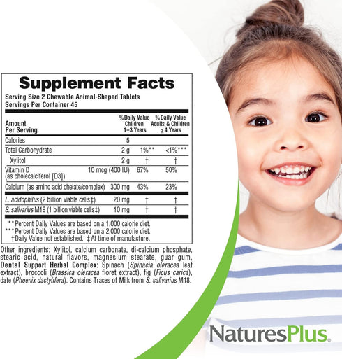 Natures Plus Animal Parade Tooth Fairy Children's Chewables, Natural Vanilla Flavor, 90 Tablets, 45 Servings