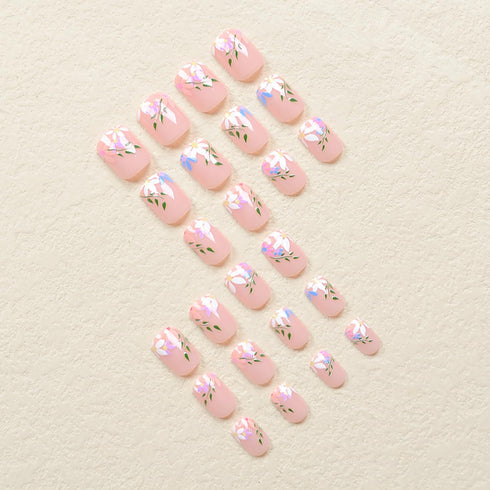 Press on Nails Short Square, 24Pcs Fake Nails with Designs, Glossy Glue on Acrylic Artificial Nails for Women