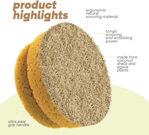 SCRUBIT Natural Scouring Pads, Eco Friendly Scrubbing Sponges for Kitchen Cleaning and Dishes, Non-Scratch Dish Scrubber with Easy-Grip Sponge Handle - Biodegradable - 2 Pack by SCRUBIT