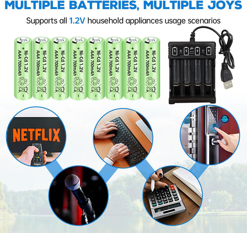 Fytoo 8PCS 1.2V 700mAh Ni-Cd AAA Battery with USB Charger for Wireless Microphone, Electric Toys, RC Mouse, Calculator,