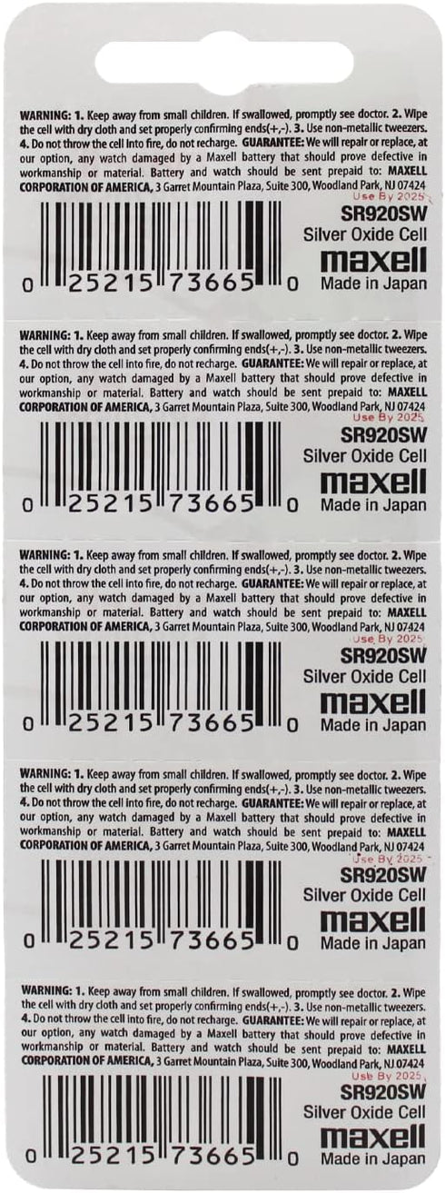 Maxell Sr920sw 371 Silver Oxide Cell, Pack of 5, Made in Japan