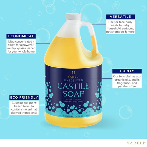 Pure Castile Liquid Soap, Unscented with All Organic Oils, 64oz for Adults, Kids, and Babies