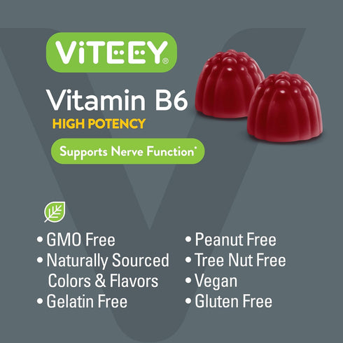 Vitamin B6 Gummies 100mg - Mood & Nerve Function Support for Adults & Teens - Vegan, Gluten Free, 60 Count