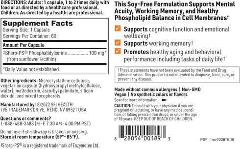 Klaire Labs Phosphatidyl Serine sf - Phosphatidylserine from Sunflower Lecithin (60 Capsules)