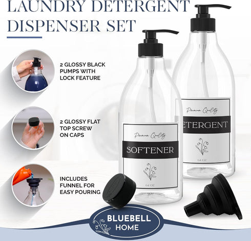 Liquid Laundry Detergent Dispenser, 2 (64 Oz) PET Plastic Containers, with Pumps, Caps, Funnel & Magnetic Guide