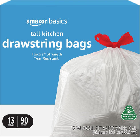 Amazon Basics Flextra Tall Kitchen Drawstring Trash Bags, 13 Gallon, 90 Count, 10% Post Consumer Recycled Content