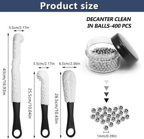 3 Pieces Decanter Cleaning Brush with 400 Cleaning Beads, Flexible Bottle Cleaning Tools for Wine Decanters, Goblets