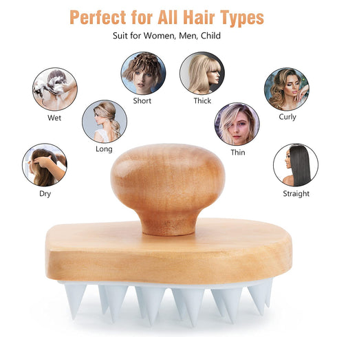 Scalp Massager Shampoo Brush, Wooden Wet and Dry Hair Scalp Care Brush, Exfoliator with Soft Silicone Bristles