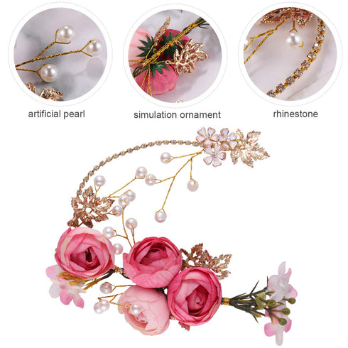 Lurrose 4pcs Clip Decorations for Hairpins, Rhinestone Floral Headwear, Pink Crystal Gold Clips for Women