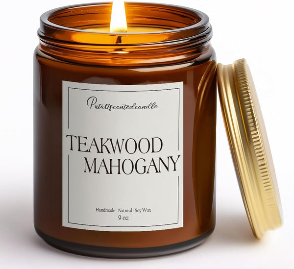 Putart Mahogany & Teakwood Highly Scented Candles for Home, 9oz Natural Soy Aromatherapy