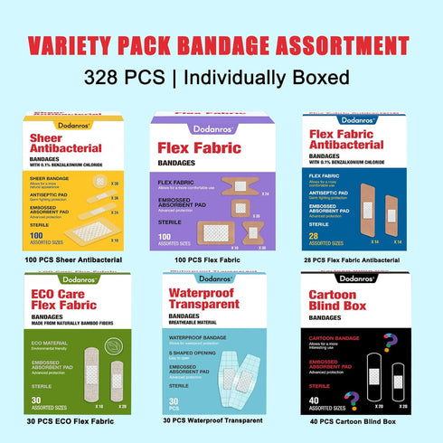Pack,328ct Dodanros Variety Bandages Assorted Bulk Various Sizes, Shapes &Features | Sheer & Flex Fabric