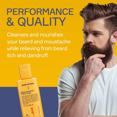 SEVEN POTIONS Beard Shampoo for Men - Natural, Vegan Formula, Gentle Cleansing Wash (Citrus Tonic, 3.4 Fl Oz)