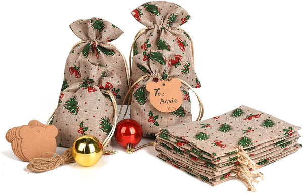 XCFWin 12 Pack Christmas Gift Bags with Drawstring, Reusable Designs for Christmas Party Supplies (Pine Branch, 13 *