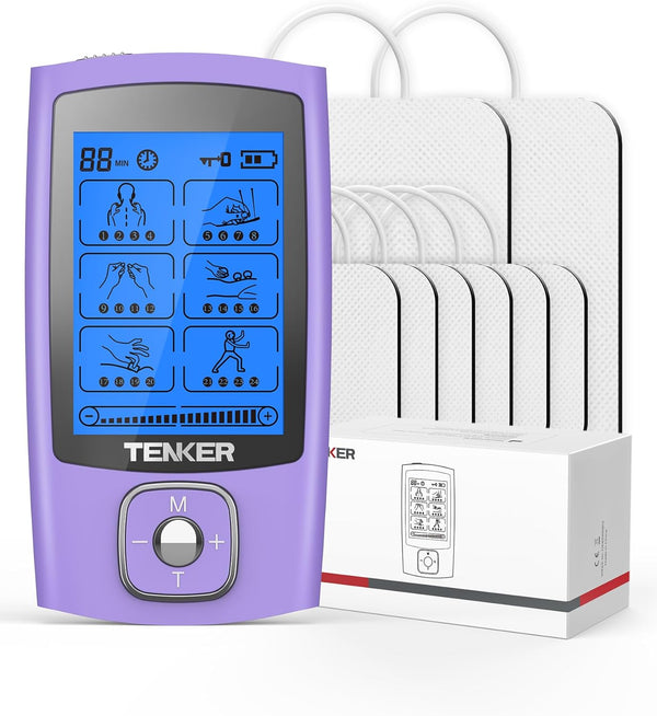 TENKER TENS Unit Muscle Stimulator, Rechargeable Electronic Pulse Massager with 24 Modes, 2"x2" and 2"x4" Electrode Pads