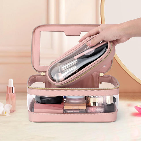 Travel Clear Makeup Bag with Makeup Brush Bag, Portable Waterproof Cosmetic Organizer Storage Bag for Women, Pink