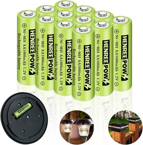 Henreepow Rechargeable AA Batteries, 12 Pack 1000mAh Pre-Charged for Outdoor Solar Lights, String Lights