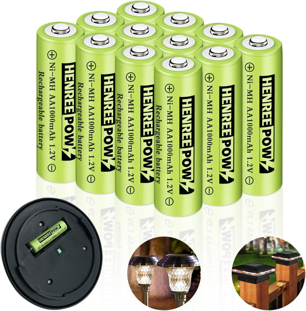 Henreepow Rechargeable AA Batteries, 12 Pack 1000mAh Pre-Charged for Outdoor Solar Lights, String Lights