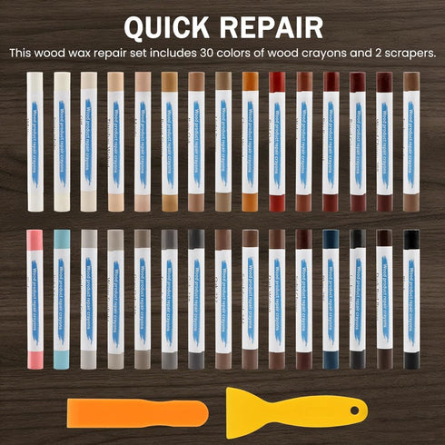 Ovrilossa 30 2 Wood Filler Sticks, Colors Wood Repair Wax Crayons with Scrapers, Touch Up Wax Sticks Repair Kit