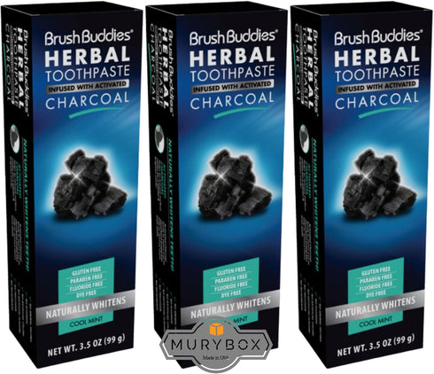 Brush Buddies Herbal Toothpaste with Activated Charcoal, 3.5 oz | Fluoride Free Whitening Charcoal Toothpaste (Pack of
