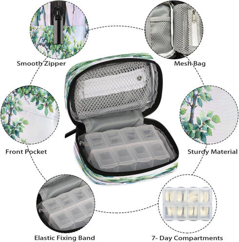 Skerhhux 7 Plant Tree Green Pill Case Travel Pill Organizer Weekly Day Portable with Zipper Medicine Box Pill Case