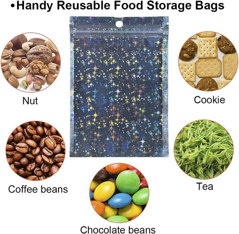 Holographic Bags 4x6 Inch, 100PCS Star Pattern Resealable Mylar Zip Lock Bags for Food Storage and Jewelry