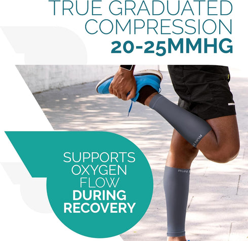 Run Forever Calf Compression Sleeves for Men and Women, Footless Socks for Runners and Pain Relief - 2-pack Black/Grey