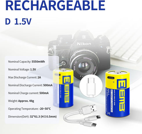 EEMB D Batteries 1.5V Rechargeable D Batteries 5550mWh Rechargeable Lithium D Cell Batteries USB Type C Charging Cable LR20 Replacement Battery for Flashlight - 2 Pack
