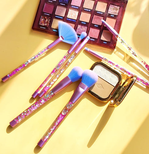 Unicorn Fan Makeup Brush Set, Crystal Sparkles Blue Blush Powder, Lip, Eye Shadow Brushes