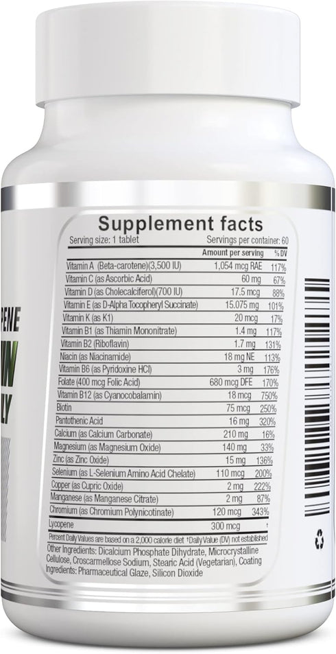 Multivitamin Once Daily, 60 Count, Max Strength Vitamins A, C, D, E, K, B1, B2, B6, B12, Niacin, Calcium