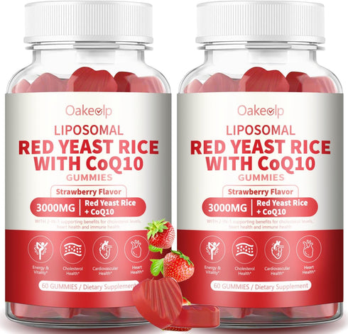 Oakevlp 2 Pack Liposomal Red Yeast Rice with Coq 10 3000mg Gummies,Organic Red