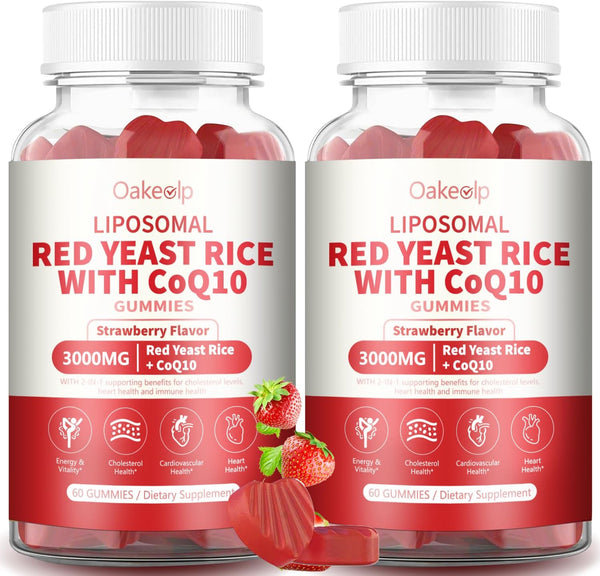 Oakevlp 2 Pack Liposomal Red Yeast Rice with Coq 10 3000mg Gummies,Organic Red