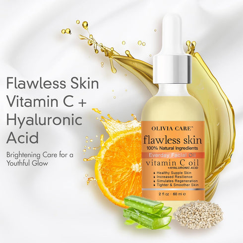 Olivia Care Vitamin C + Hyaluronic Acid Facial Oil, 100% Natural, Reviving, Hydrating, Calming & Soothing, 2 fl oz