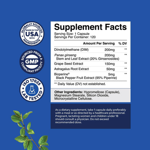 Advanced Diindolylmethane DIM Supplement for Men - Estrogen Blocker for Men with DIM 200mg Panax Ginseng Grapeseed Astragalus & BioPerine - Aromatase Inhibitor DIM Complex for Hormone Balance for Men