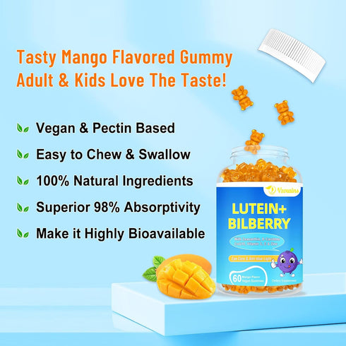20mg Lutein & Zeaxanthin Gummies with Bilberry, Omega 3, Vitamin C, E - Sugar Free Eye Health Supplement for Adults &