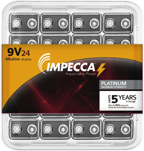 Impecca 9 (24-Pack) 9V, 24 Count, 6LR61 Volt Batteries, Premium Alkaline High Performance, Ultra Long Lasting