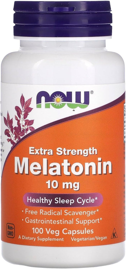 NOW Foods Melatonin Extra Strength 10 mg, Free Radical Scavenger*, Healthy Sleep Cycle*, 100 Veg Capsules
