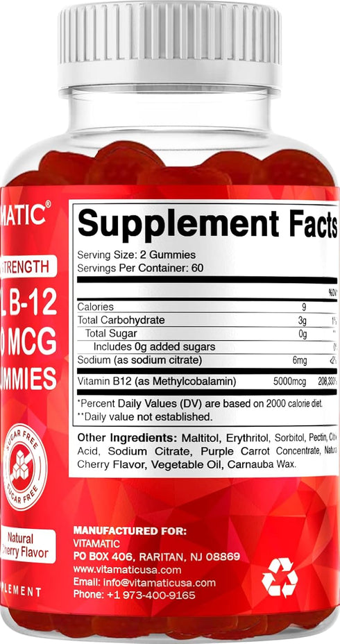 Vitamatic Extra Strength Vitamin B12 5000 mcg (Methyl B12) Gummies, 120 Count, Natural Cherry Flavored