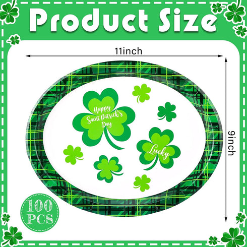 Hushee 100 Count 11 9 Inches St. Patrick's Day Oval Green Paper Plates Platter Bulk x Party Plate Disposable Dinner