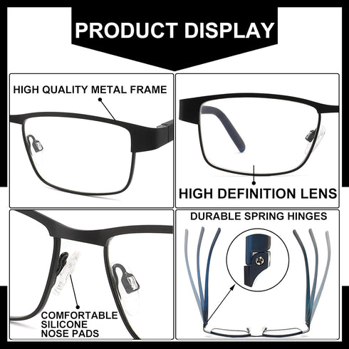 5 Pack Reading Glasses for Men, Blue Light Filtering Metal Full Frame Readers, Anti UV/Glare/Eyestrain
