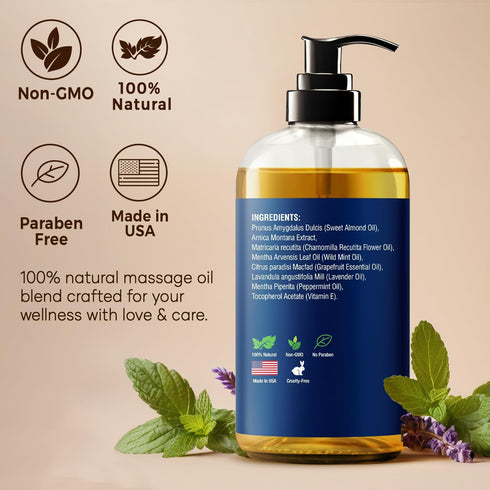 Sore Muscle Massage Oil 8 fl oz - Body Massage Oil with Peppermint, Lavender, Arnica for Pain Relief and Relaxation
