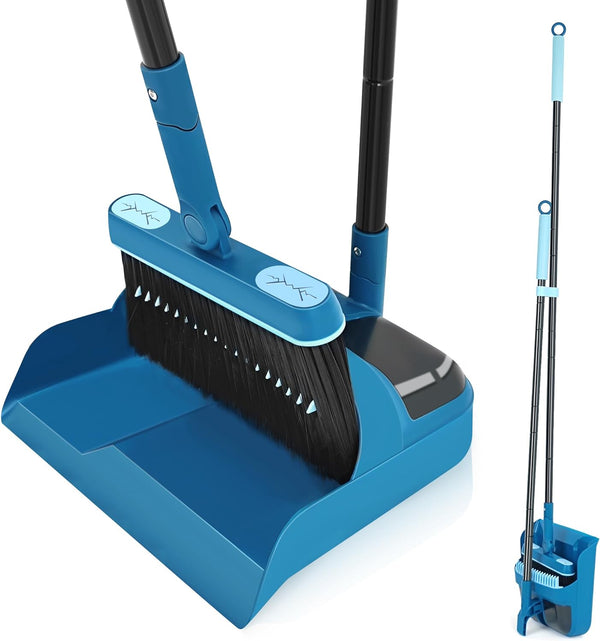 JEHONN Dustpan and Brush Set, 54" Long Handle Swivel Broom, Foldable Dust Pan with Comb Teeth for Cleaning