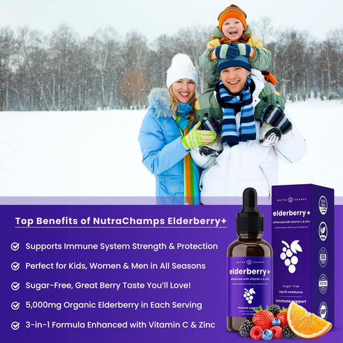 NutraChamps Organic Elderberry Syrup, 5000mg Elderberry Extract with Vitamin C & Zinc, Sugar-Free Immunity Booster