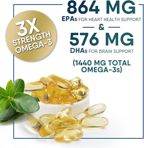 Triple Strength Omega 3 Fish Oil 60 Softgels, 2400 mg, Brain & Heart Health Support, EPA & DHA