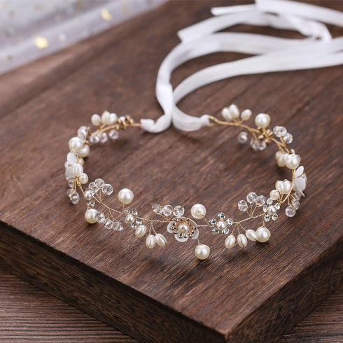Wedding Hair Accessories for Kids, Gold Flower Girl Headband with White Flower and Pearl for Bridal Hair